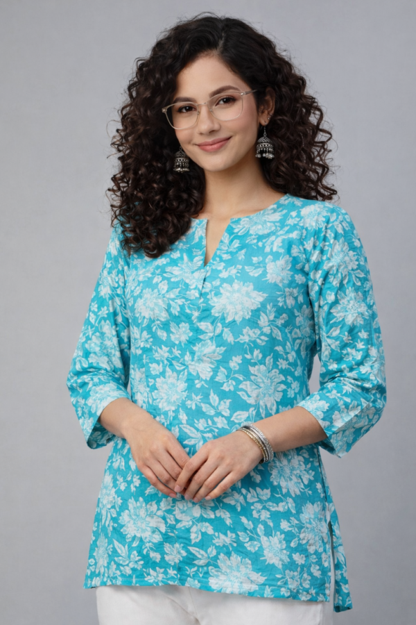 Turquoise Blue & White Floral Printed Cotton Short Kurti