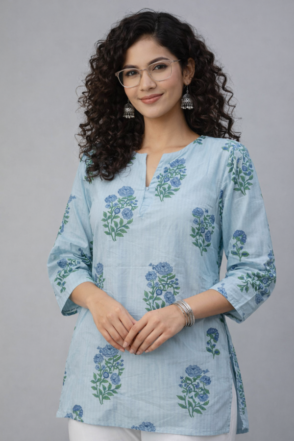 Women’s Light Blue Cotton Floral Print Short Kurti