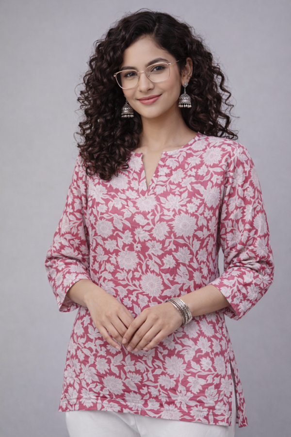Pink Floral Printed Cotton Short Kurti