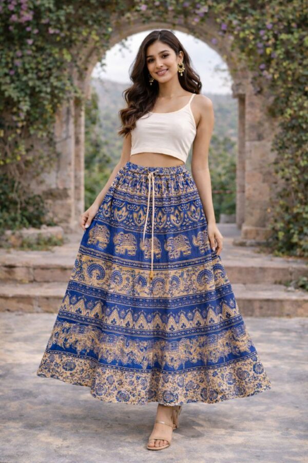 Royal Blue & Beige Elephant Print Cotton Skirt