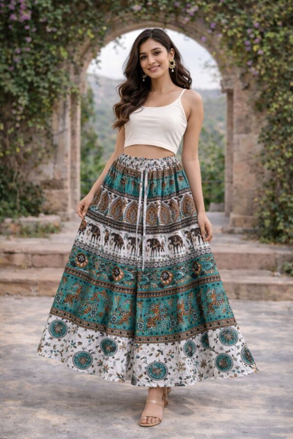 Teal Green & White Printed Cotton Maxi Skirt for Women