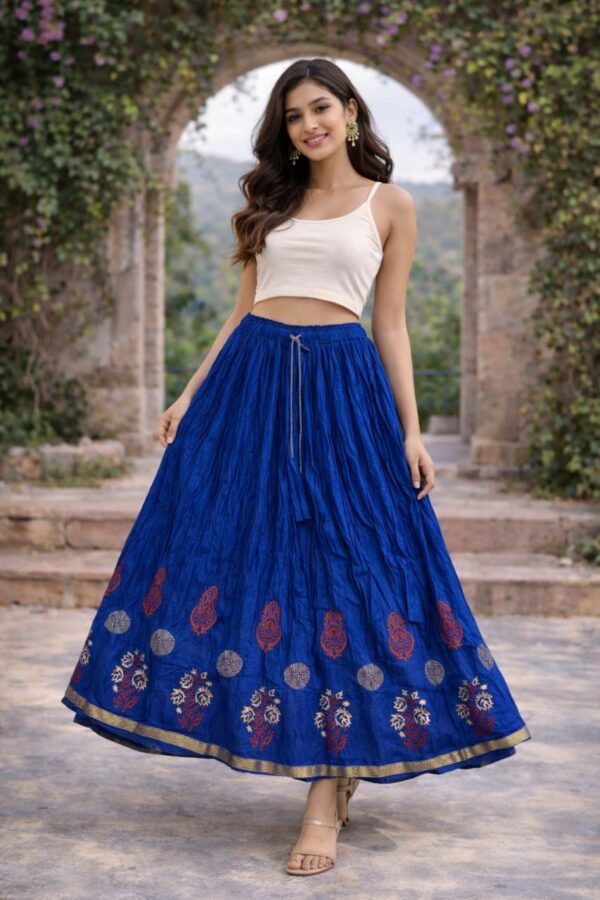 Cotton Mix Blue Printed Maxi Skirt