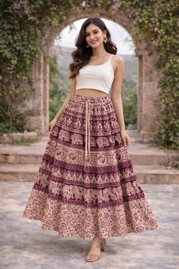 Women’s Maroon Ethnic Motif Long Cotton Skirt