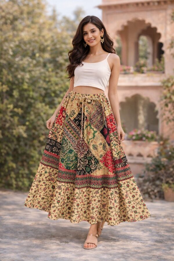 Ethnic Multicolor Patchwork Pure Cotton Skirt for Women