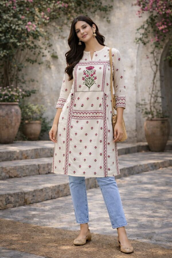 Cream Floral Printed Cotton-Rayon Long Kurti