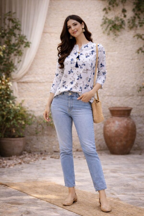 White & Blue Floral Printed Rayon Tunic Top